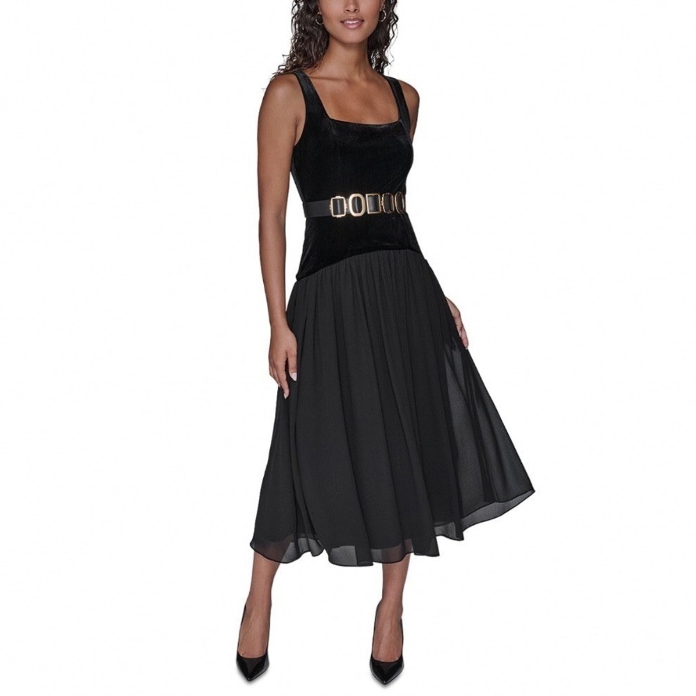 Karl Lagerfeld Paris Black Velvet & Chiffon Midi Dress Gold Belt Size 16‎ NEW